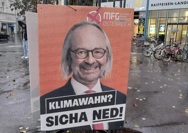 Plakat der Kleinpartei MFG im Wahlkampf 2024 zum österreichischen Nationalrat