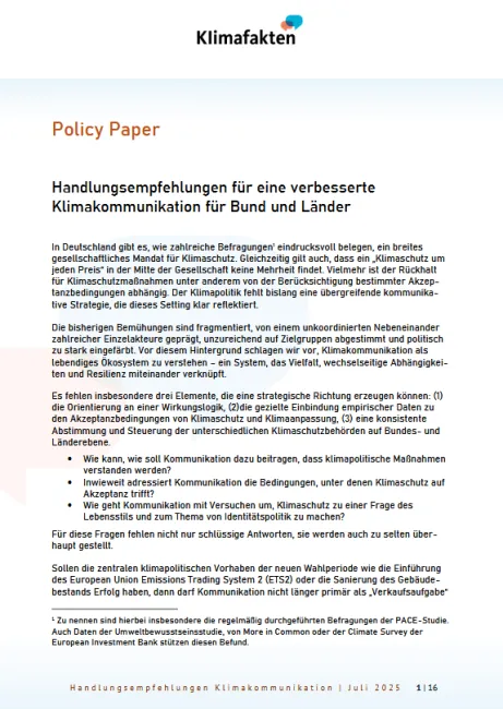 Titelblatt des Policy Papers von Klimafakten zur staatlichen Klimakommunikation