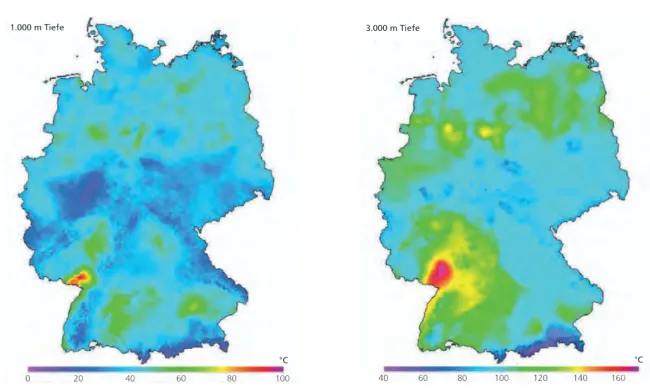 Grafik zu Temperaturen in 1km und 3 km Tiefe in Deutschland