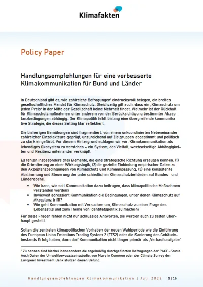 Titelblatt des Policy Papers von Klimafakten zur staatlichen Klimakommunikation